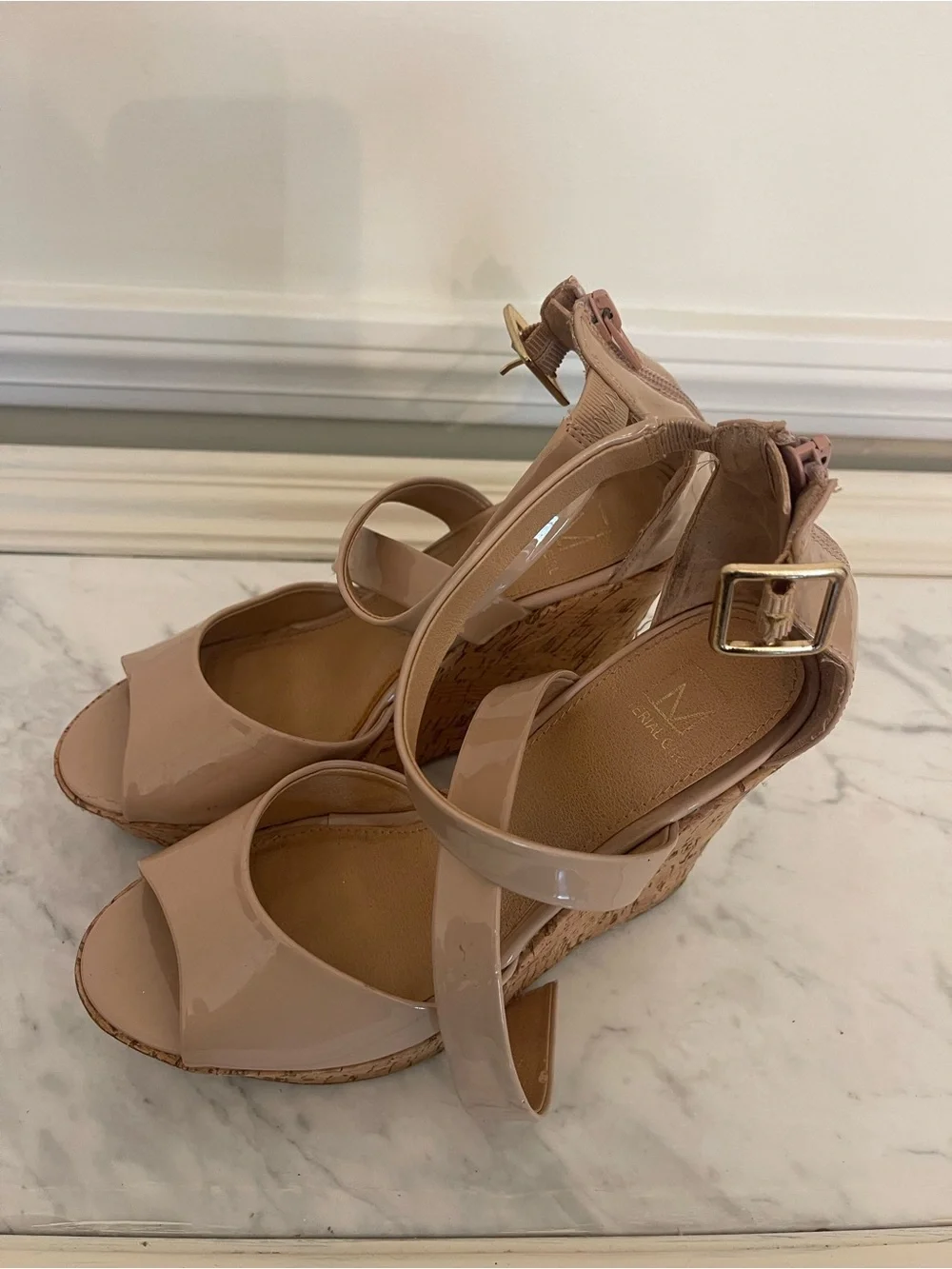 Material Girl Nude Patent Cork Wedge Sandals